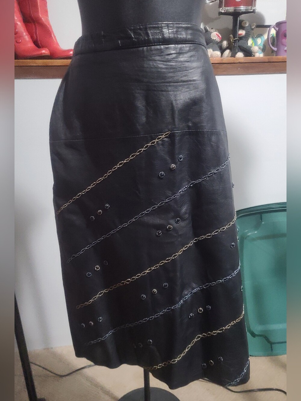 Black Leather, Lined Skirt with Beaded Chain Details